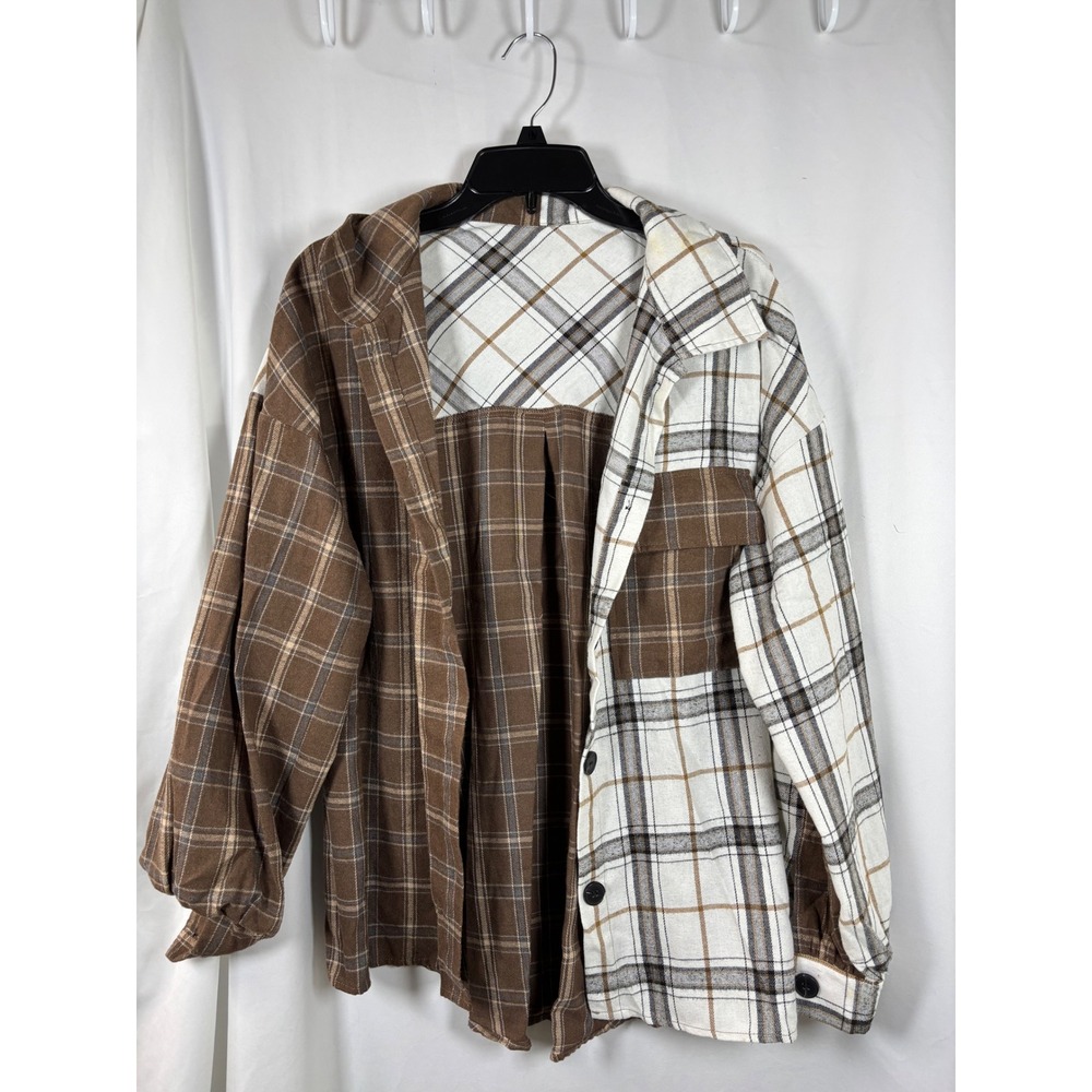 Womens Brown White Colorblock Plaid Flannel Shirt Oversized Patchwork Top Large
